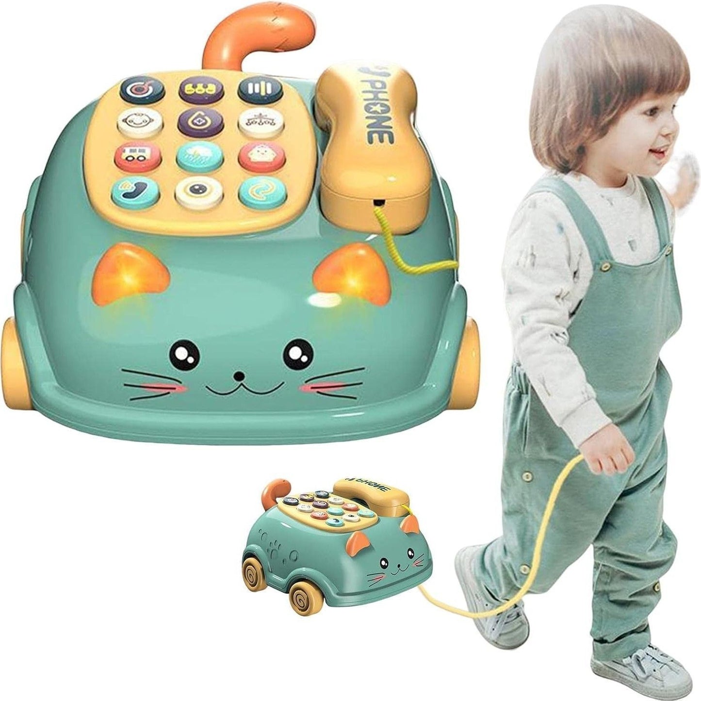 3-in-1 Musical Phone Toy with Mini Piano, Pull-Along Cat Car and Toy Phone, Safe for Ages 1+