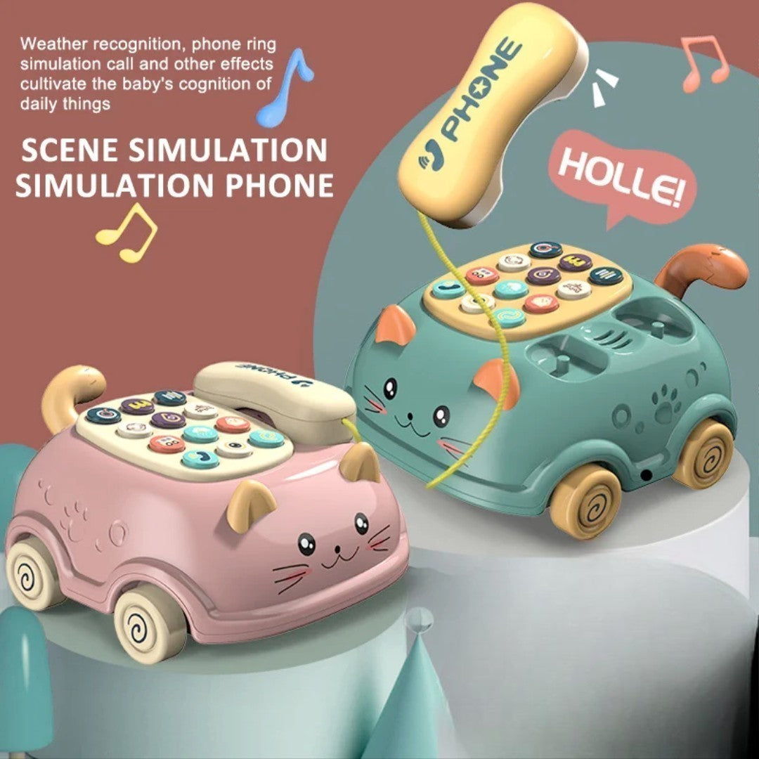 3-in-1 Musical Phone Toy with Mini Piano, Pull-Along Cat Car and Toy Phone, Safe for Ages 1+