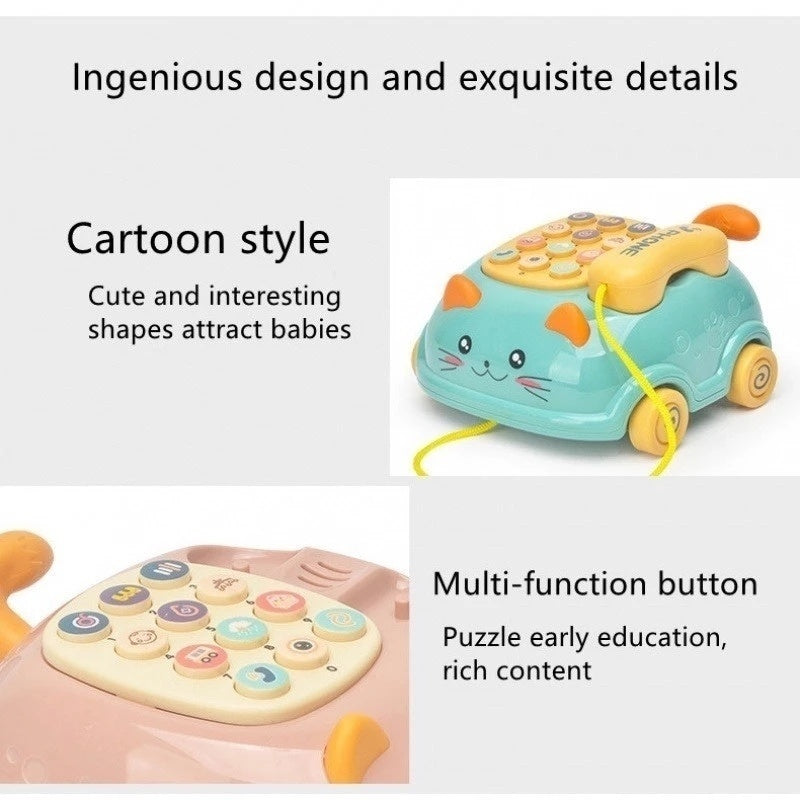 3-in-1 Musical Phone Toy with Mini Piano, Pull-Along Cat Car and Toy Phone, Safe for Ages 1+
