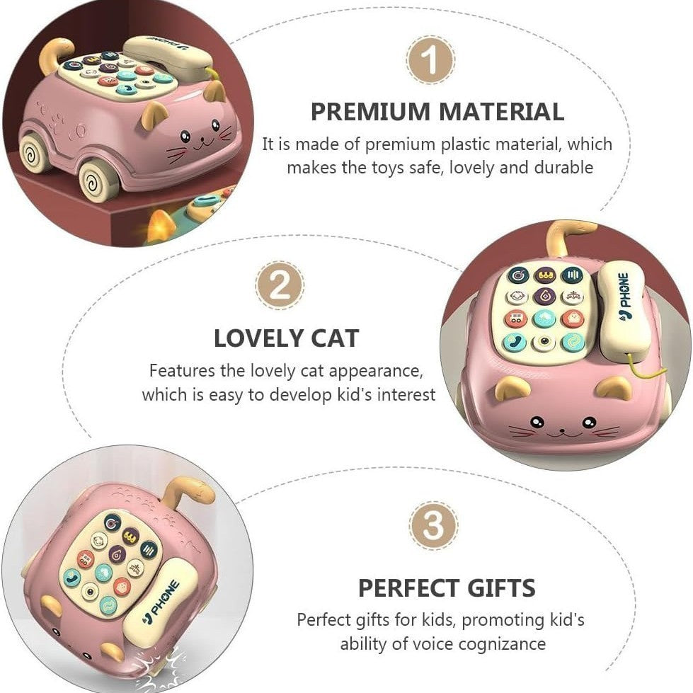 3-in-1 Musical Phone Toy with Mini Piano, Pull-Along Cat Car and Toy Phone, Safe for Ages 1+