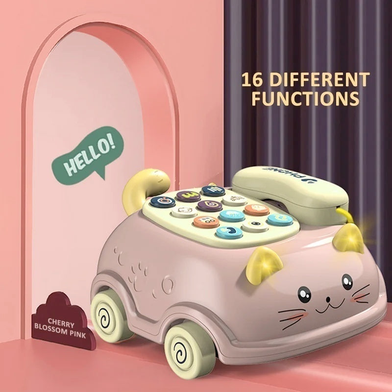 3-in-1 Musical Phone Toy with Mini Piano, Pull-Along Cat Car and Toy Phone, Safe for Ages 1+
