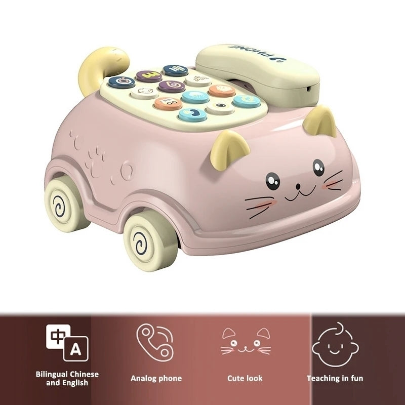 3-in-1 Musical Phone Toy with Mini Piano, Pull-Along Cat Car and Toy Phone, Safe for Ages 1+