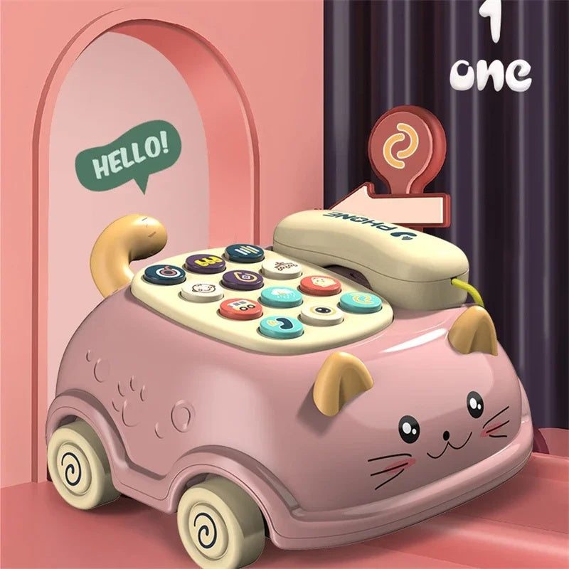 3-in-1 Musical Phone Toy with Mini Piano, Pull-Along Cat Car and Toy Phone, Safe for Ages 1+