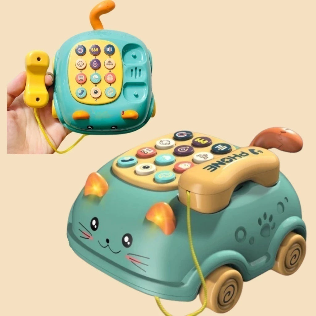 3-in-1 Musical Phone Toy with Mini Piano, Pull-Along Cat Car and Toy Phone, Safe for Ages 1+