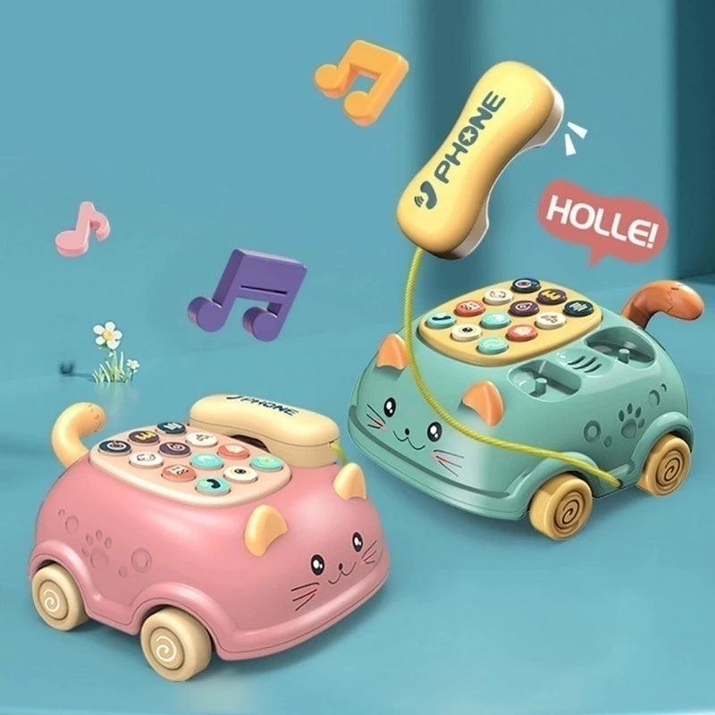 3-in-1 Musical Phone Toy with Mini Piano, Pull-Along Cat Car and Toy Phone, Safe for Ages 1+