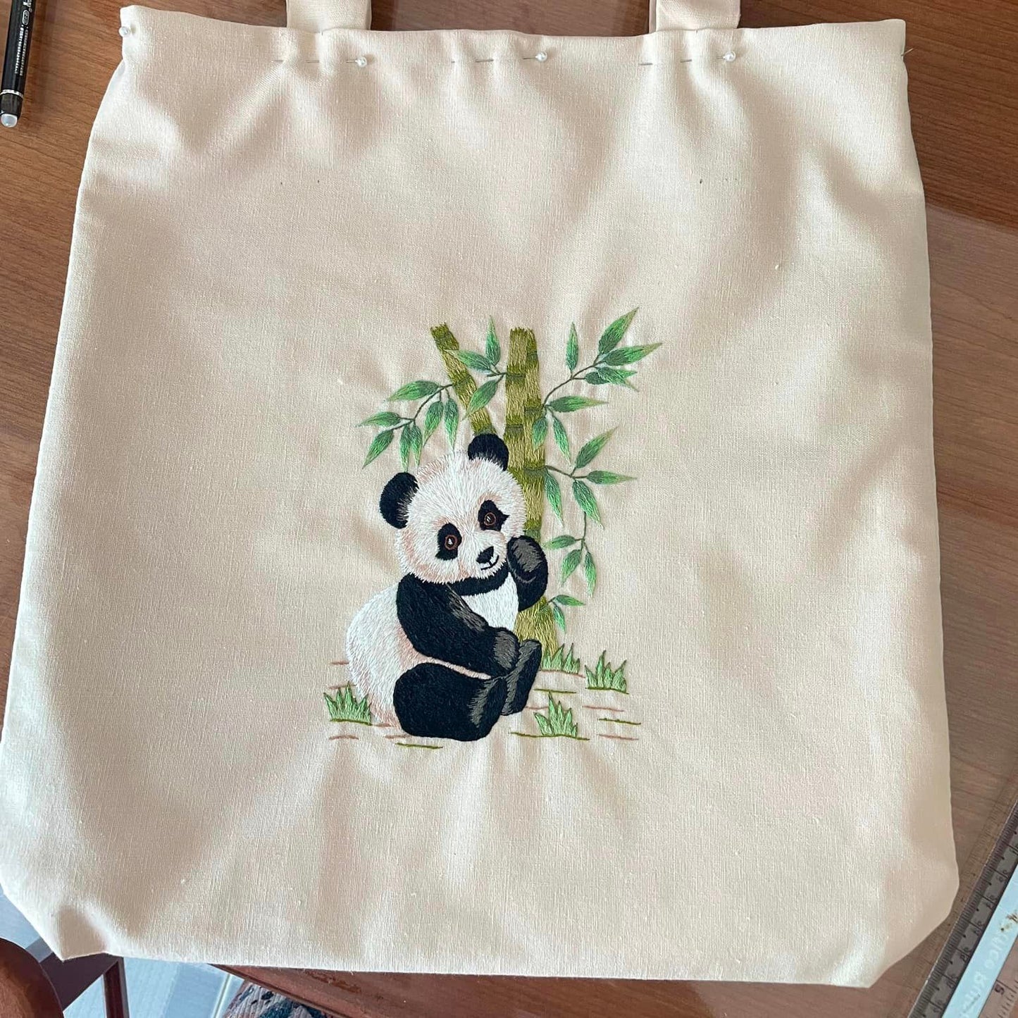 Canvas Bag Embroidered With Panda Pattern