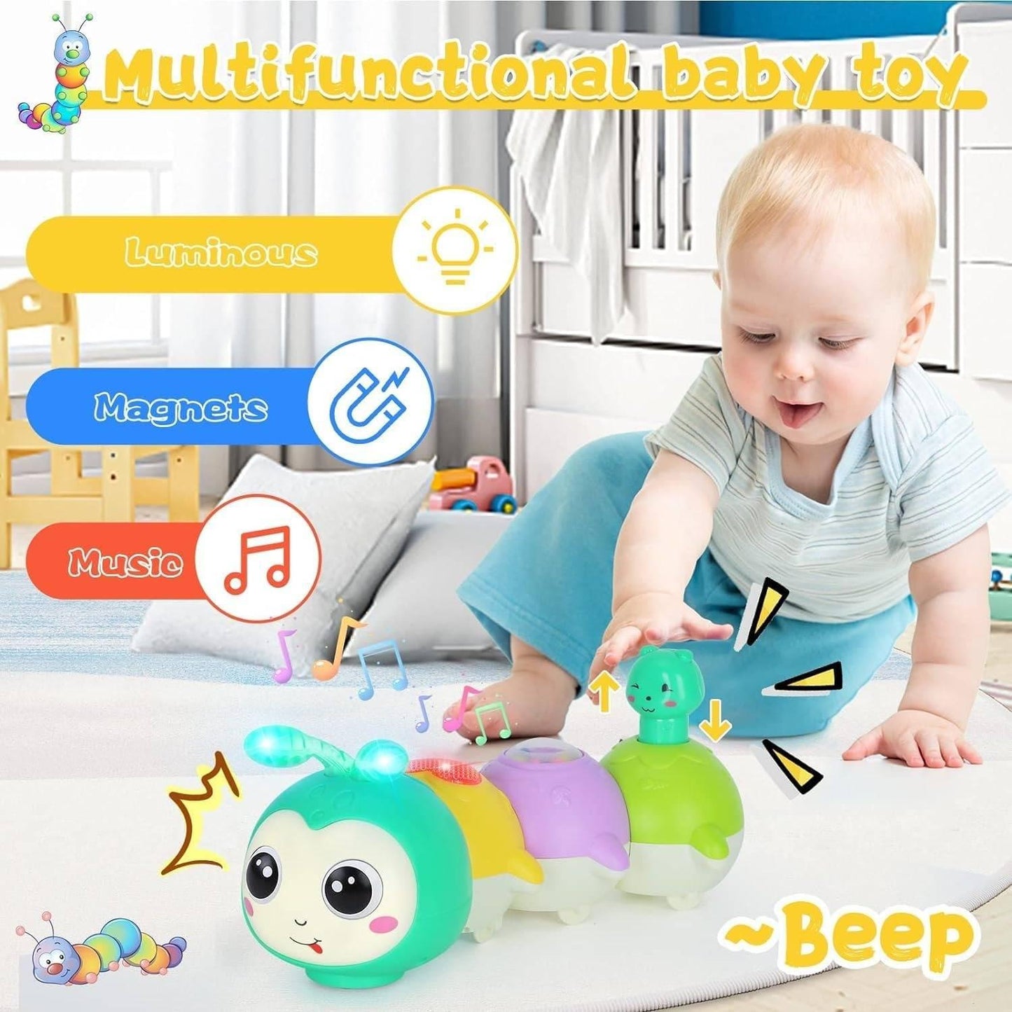 Baby Crawling Caterpillar Toy with Sound, Lights, Obstacle Avoidance, Safe for 6 Months+