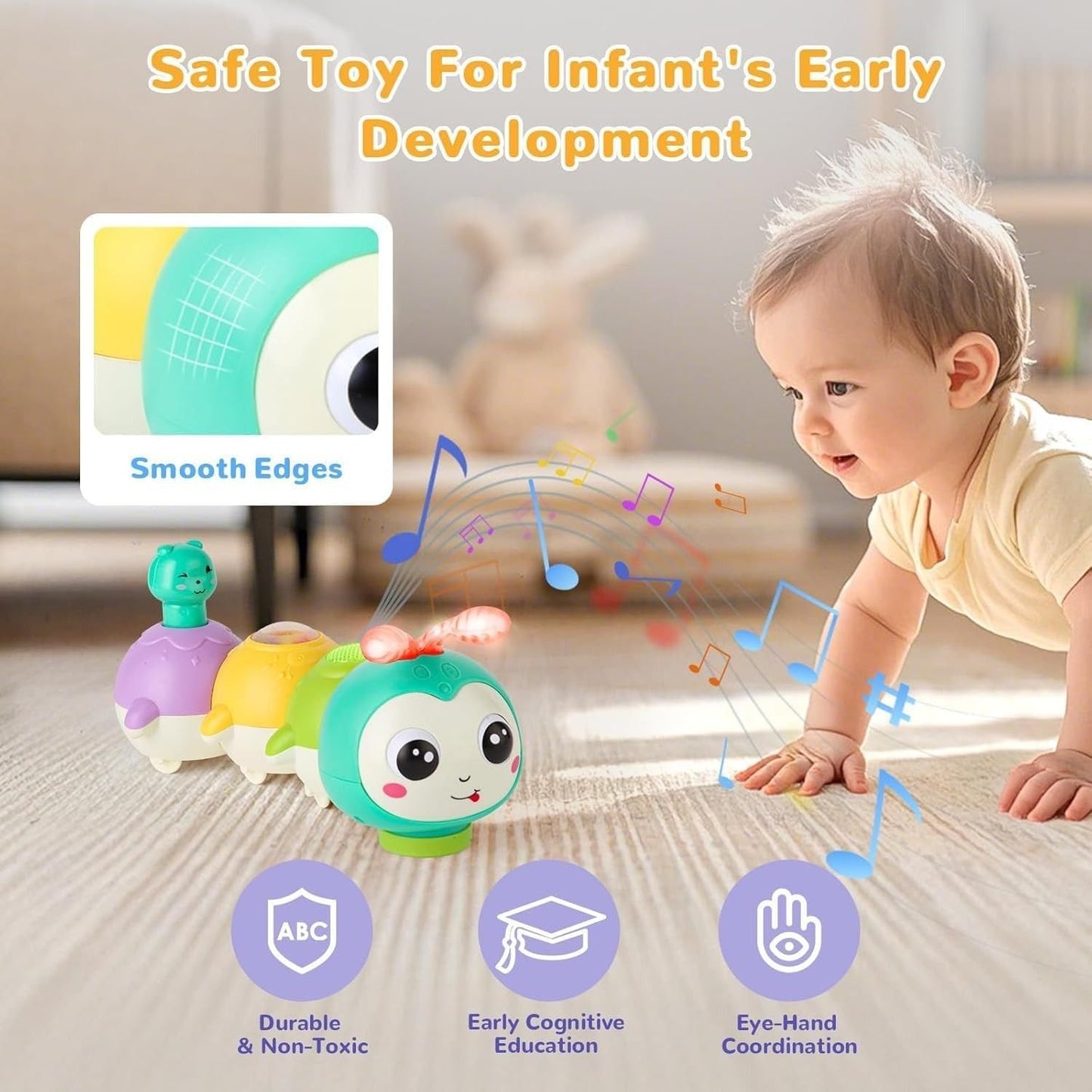 Baby Crawling Caterpillar Toy with Sound, Lights, Obstacle Avoidance, Safe for 6 Months+