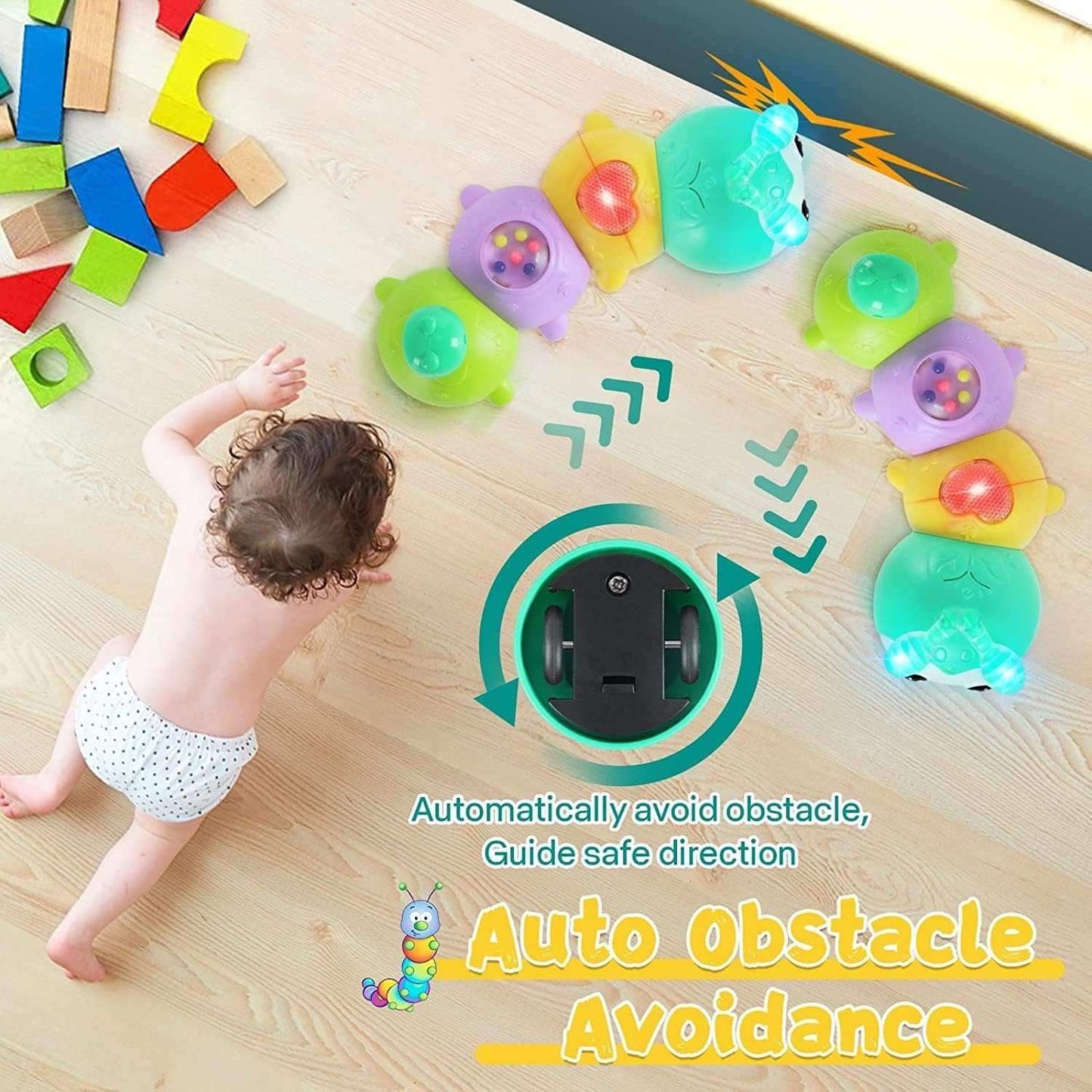 Baby Crawling Caterpillar Toy with Sound, Lights, Obstacle Avoidance, Safe for 6 Months+
