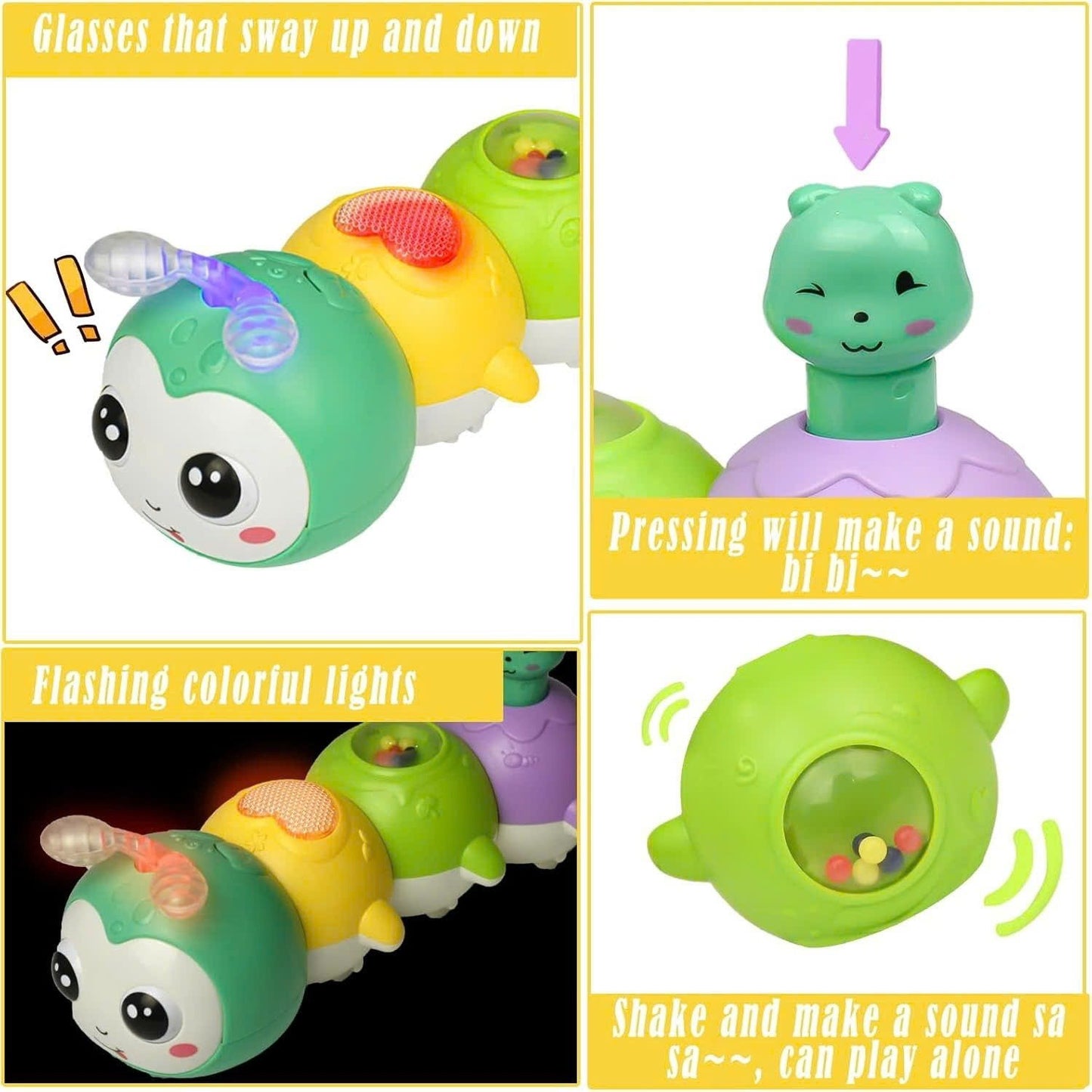 Baby Crawling Caterpillar Toy with Sound, Lights, Obstacle Avoidance, Safe for 6 Months+