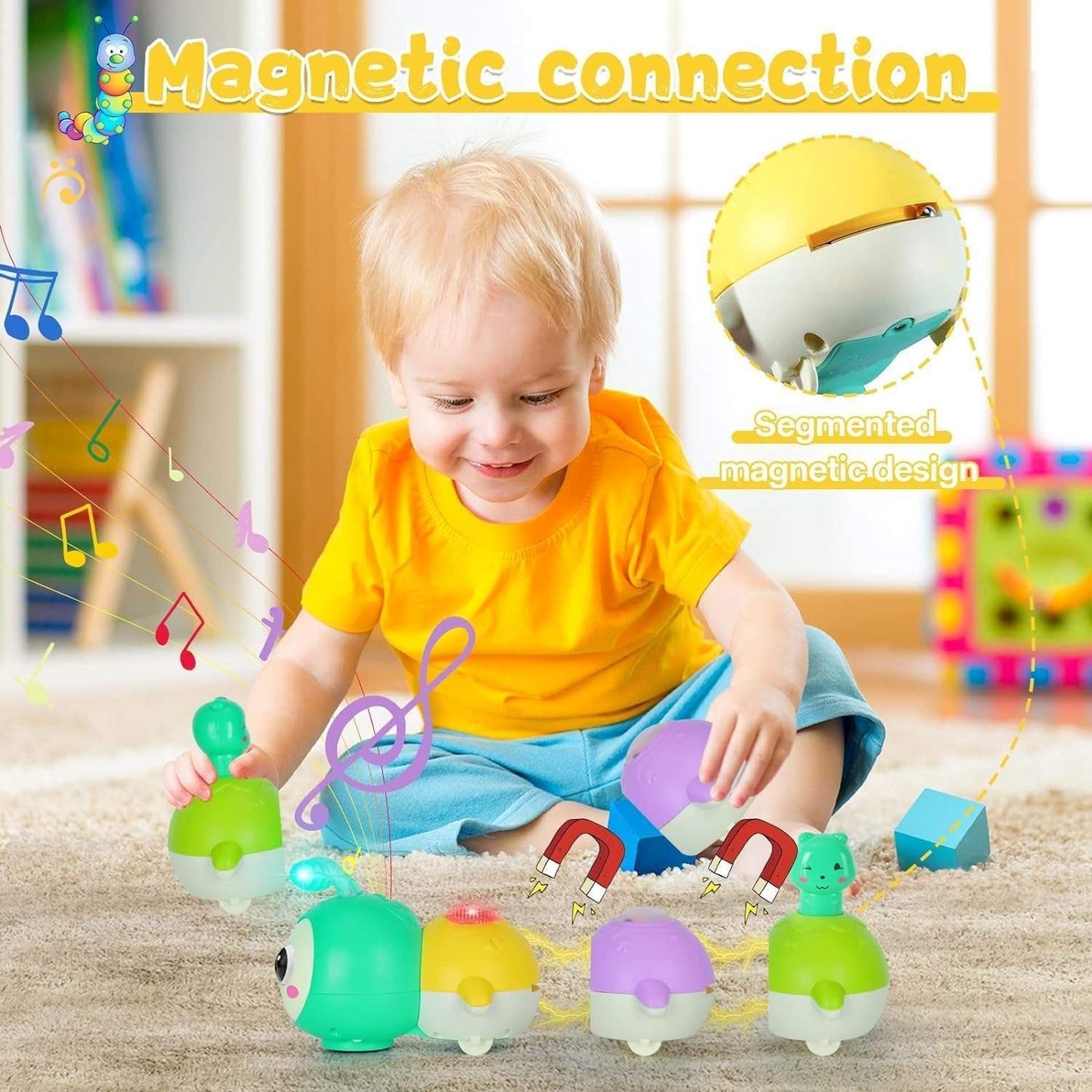 Baby Crawling Caterpillar Toy with Sound, Lights, Obstacle Avoidance, Safe for 6 Months+