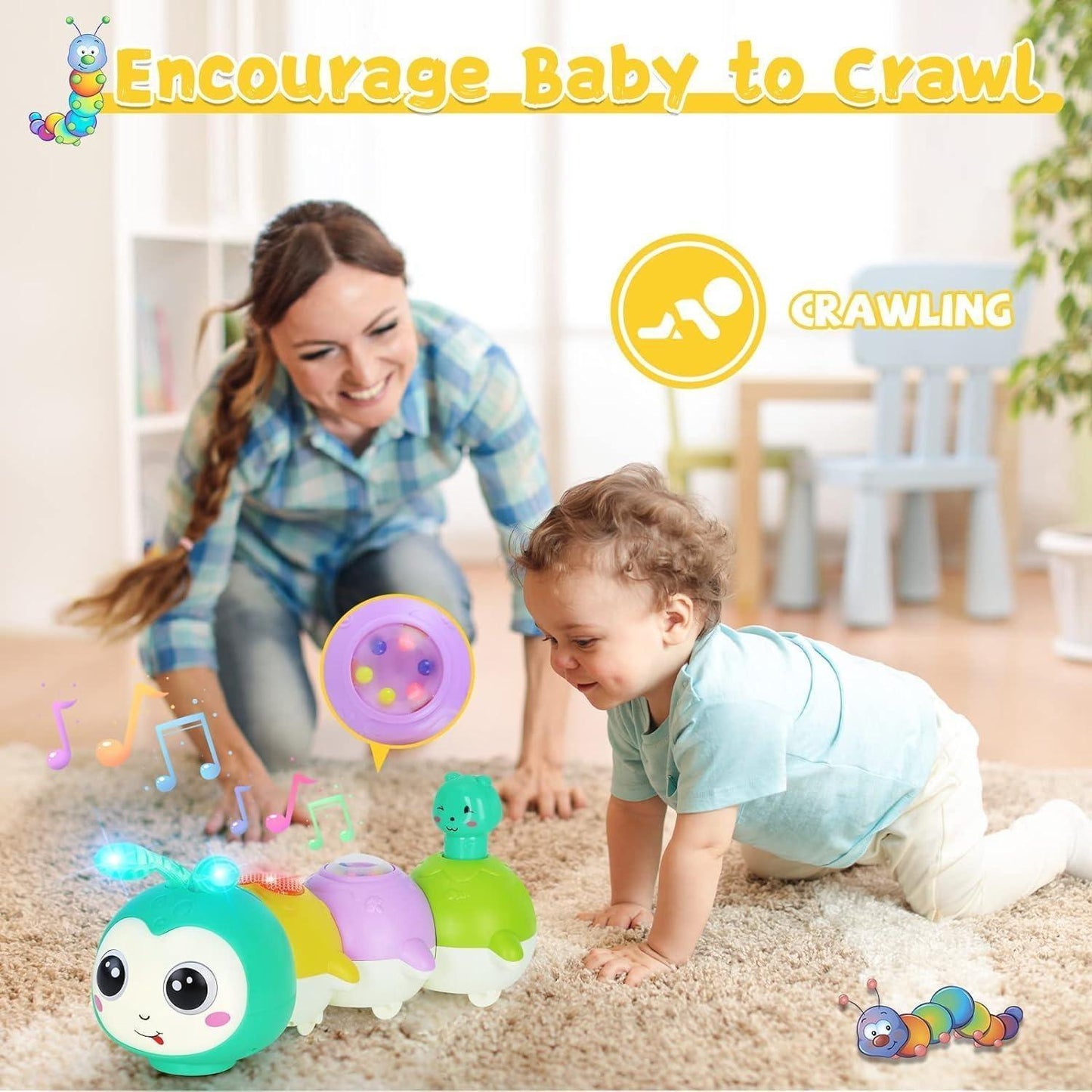 Baby Crawling Caterpillar Toy with Sound, Lights, Obstacle Avoidance, Safe for 6 Months+