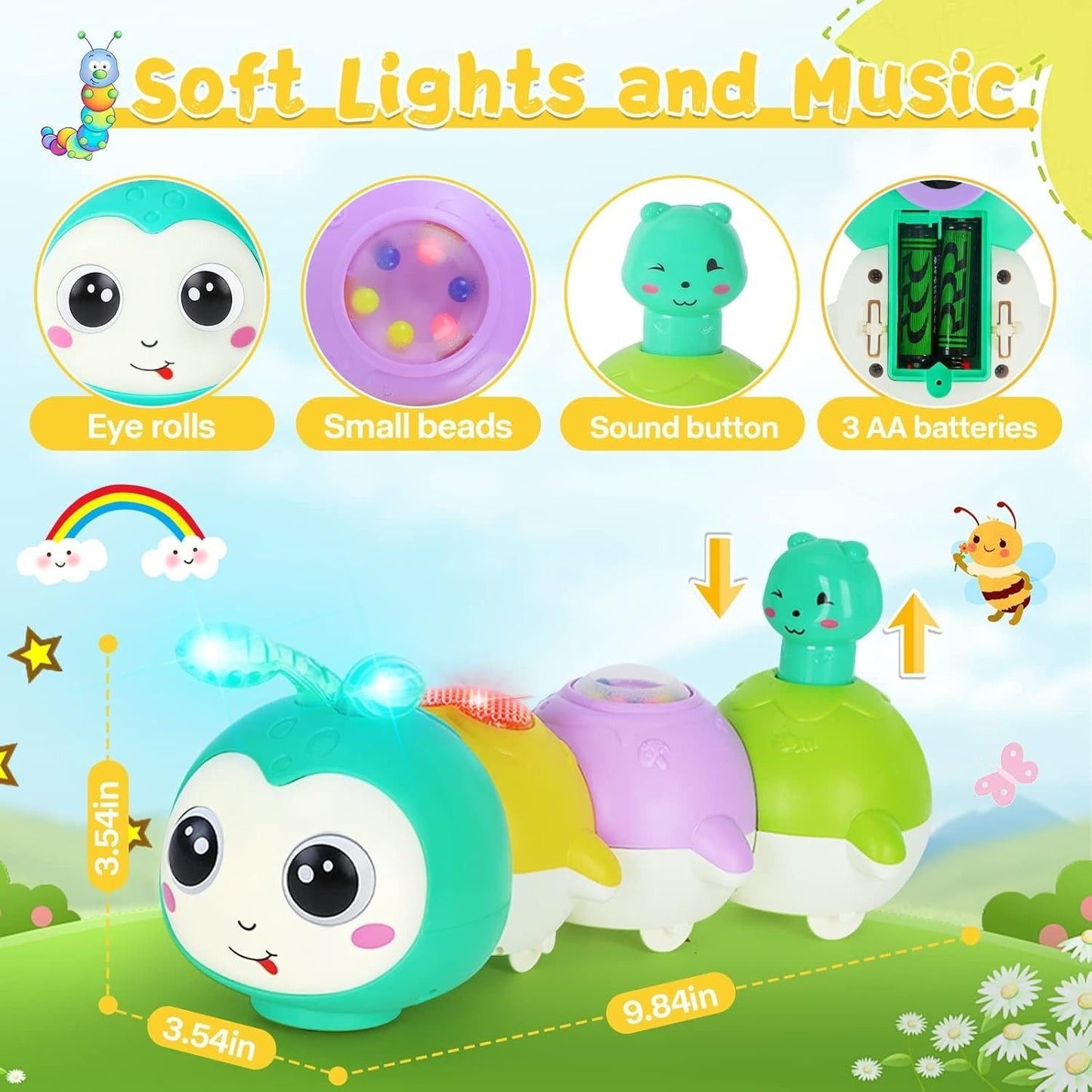 Baby Crawling Caterpillar Toy with Sound, Lights, Obstacle Avoidance, Safe for 6 Months+
