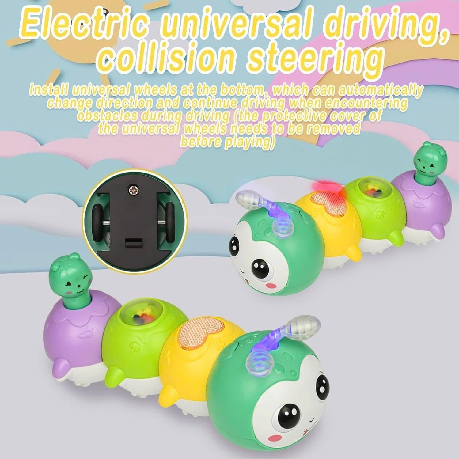 Baby Crawling Caterpillar Toy with Sound, Lights, Obstacle Avoidance, Safe for 6 Months+