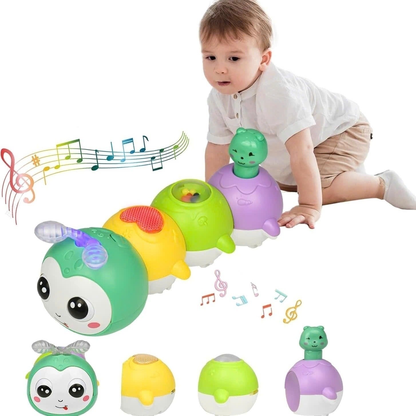 Baby Crawling Caterpillar Toy with Sound, Lights, Obstacle Avoidance, Safe for 6 Months+