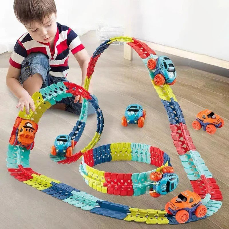 Flexible Race Track Car Toy with Easy Track Assembly and LED Light-Up Car, Safe for Ages 3+.