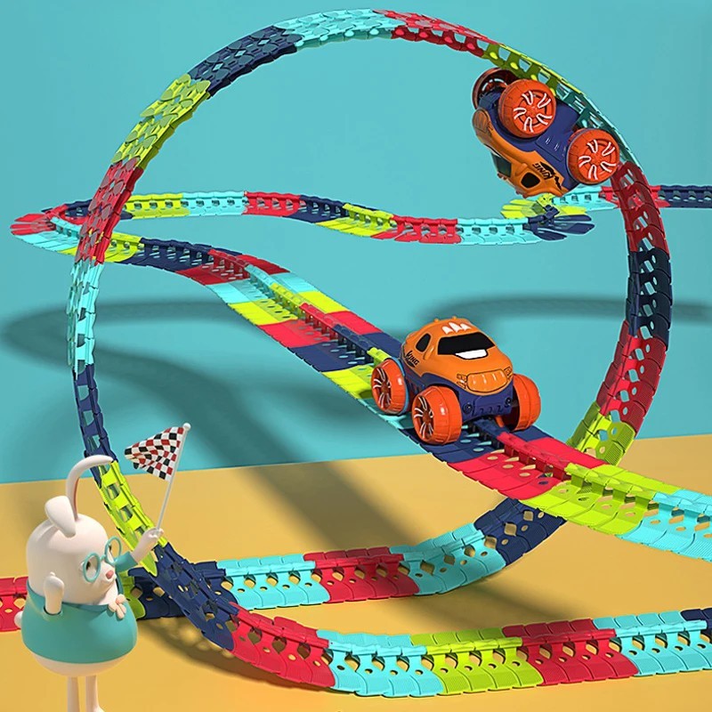 Flexible Race Track Car Toy with Easy Track Assembly and LED Light-Up Car, Safe for Ages 3+.