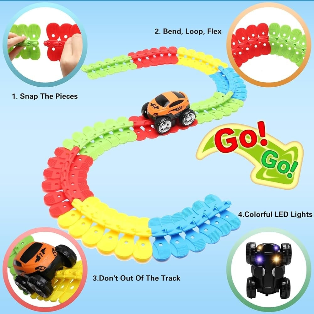 Flexible Race Track Car Toy with Easy Track Assembly and LED Light-Up Car, Safe for Ages 3+.