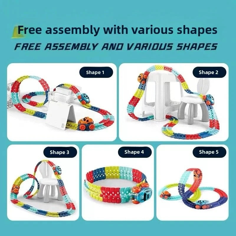Flexible Race Track Car Toy with Easy Track Assembly and LED Light-Up Car, Safe for Ages 3+.