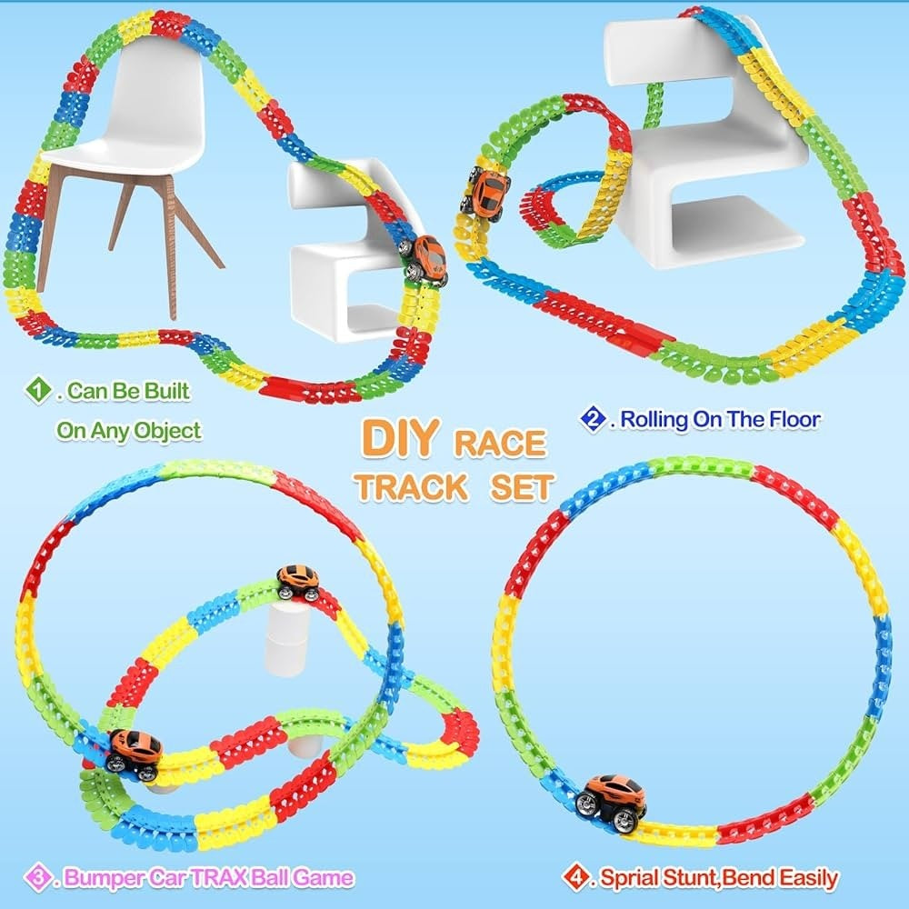 Flexible Race Track Car Toy with Easy Track Assembly and LED Light-Up Car, Safe for Ages 3+.