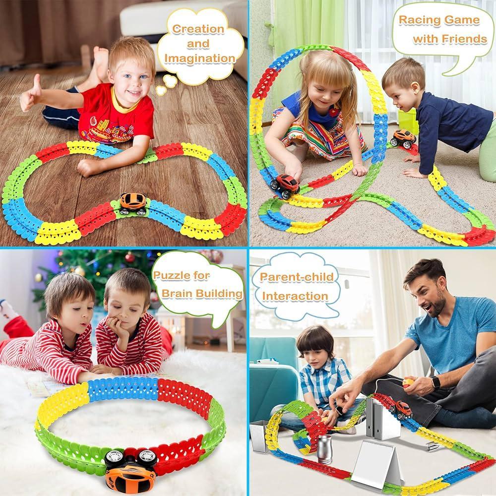 Flexible Race Track Car Toy with Easy Track Assembly and LED Light-Up Car, Safe for Ages 3+.