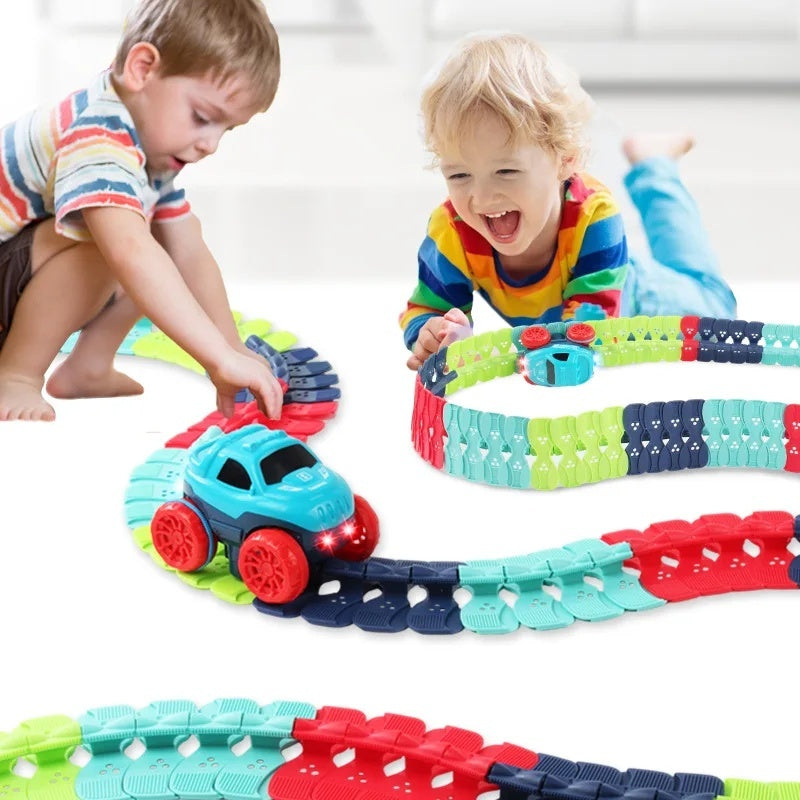 Flexible Race Track Car Toy with Easy Track Assembly and LED Light-Up Car, Safe for Ages 3+.