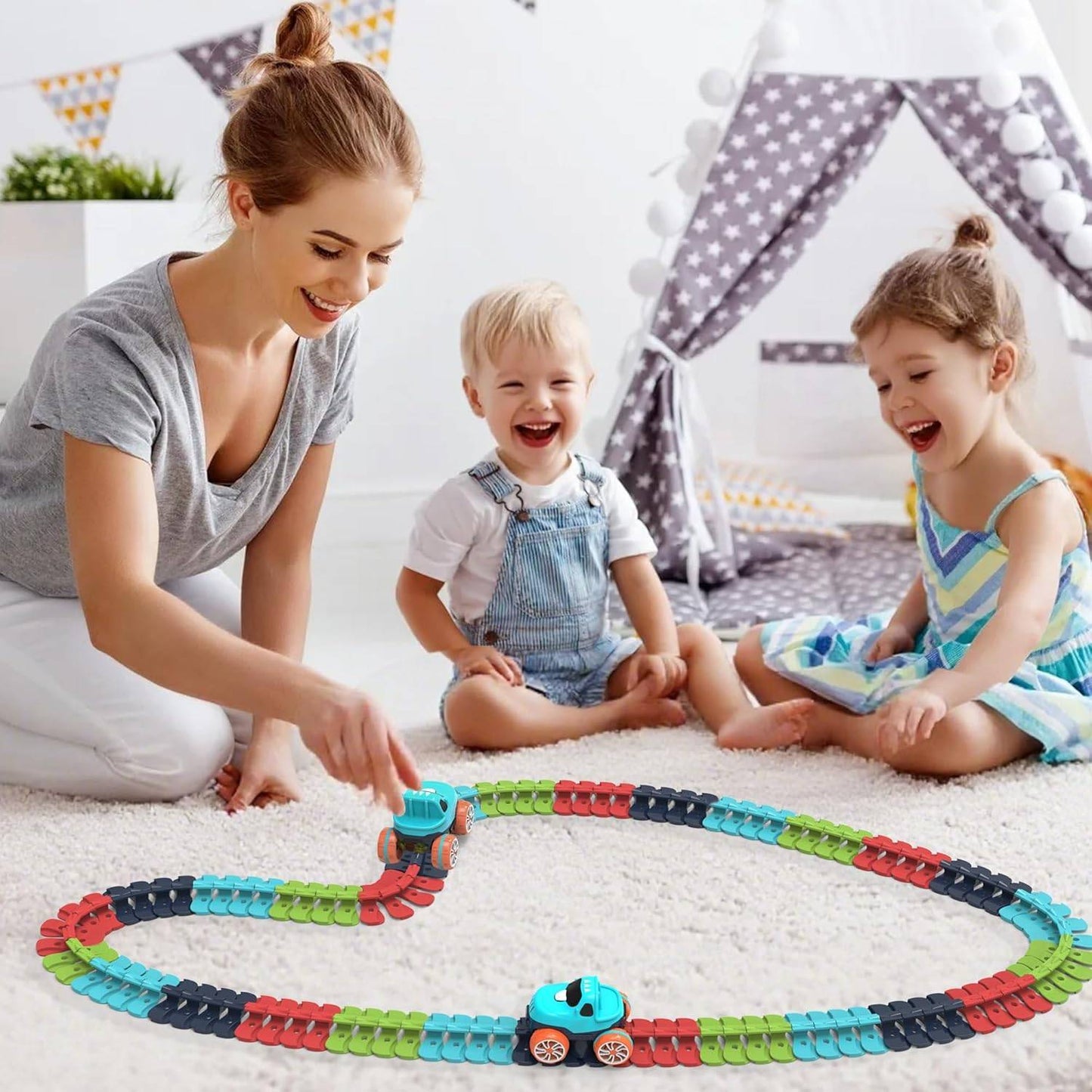 Flexible Race Track Car Toy with Easy Track Assembly and LED Light-Up Car, Safe for Ages 3+.