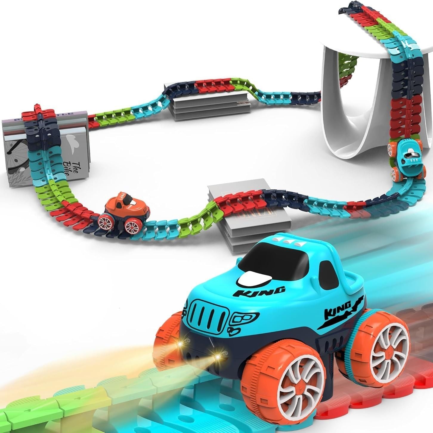 Flexible Race Track Car Toy with Easy Track Assembly and LED Light-Up Car, Safe for Ages 3+.