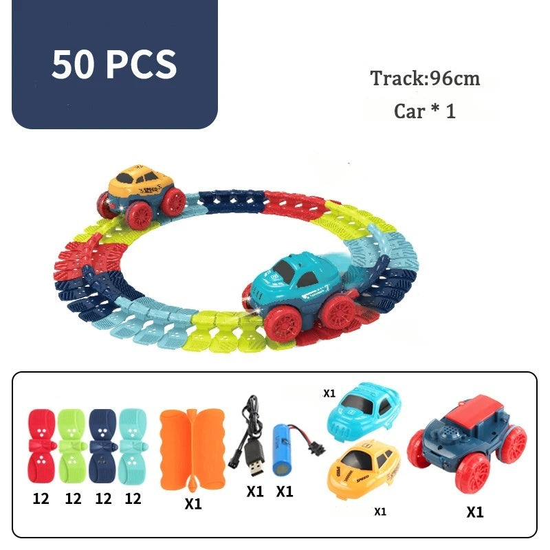 Flexible Race Track Car Toy with Easy Track Assembly and LED Light-Up Car, Safe for Ages 3+.