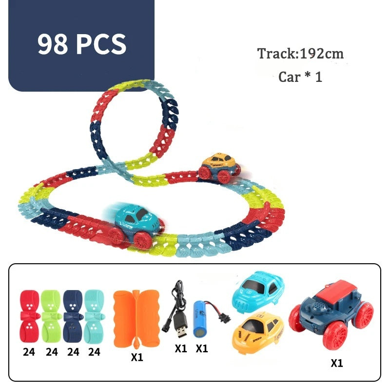 Flexible Race Track Car Toy with Easy Track Assembly and LED Light-Up Car, Safe for Ages 3+.