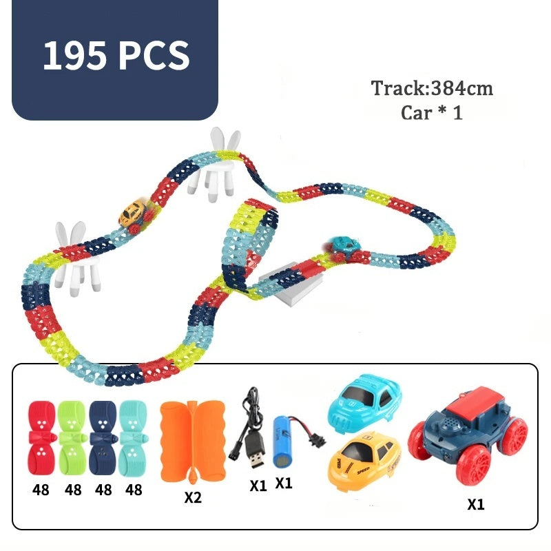 Flexible Race Track Car Toy with Easy Track Assembly and LED Light-Up Car, Safe for Ages 3+.