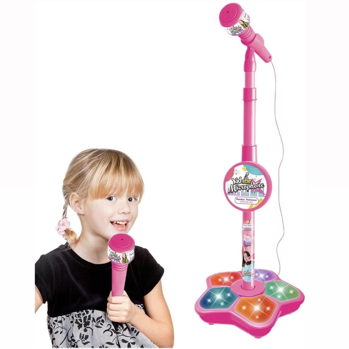 Kids Karaoke Microphone Toy with Stand Design and Colorful LED Lights, Safe for Ages 3+