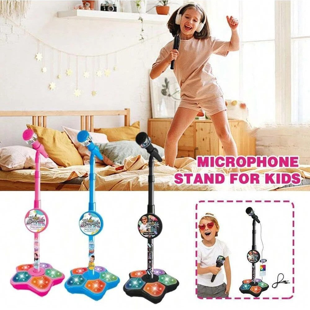 Kids Karaoke Microphone Toy with Stand Design and Colorful LED Lights, Safe for Ages 3+