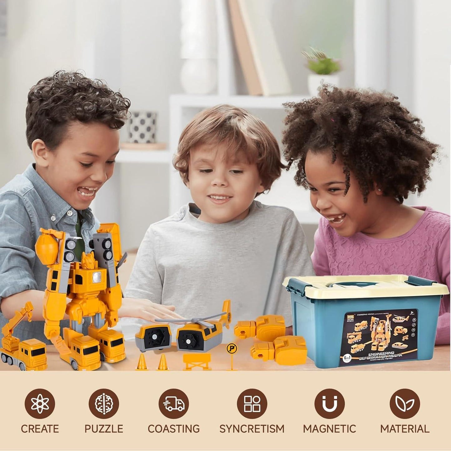 Magnetic Transforming Construction Vehicle Set, Converts into Robot, Detachable Parts, Safe for Ages 3+