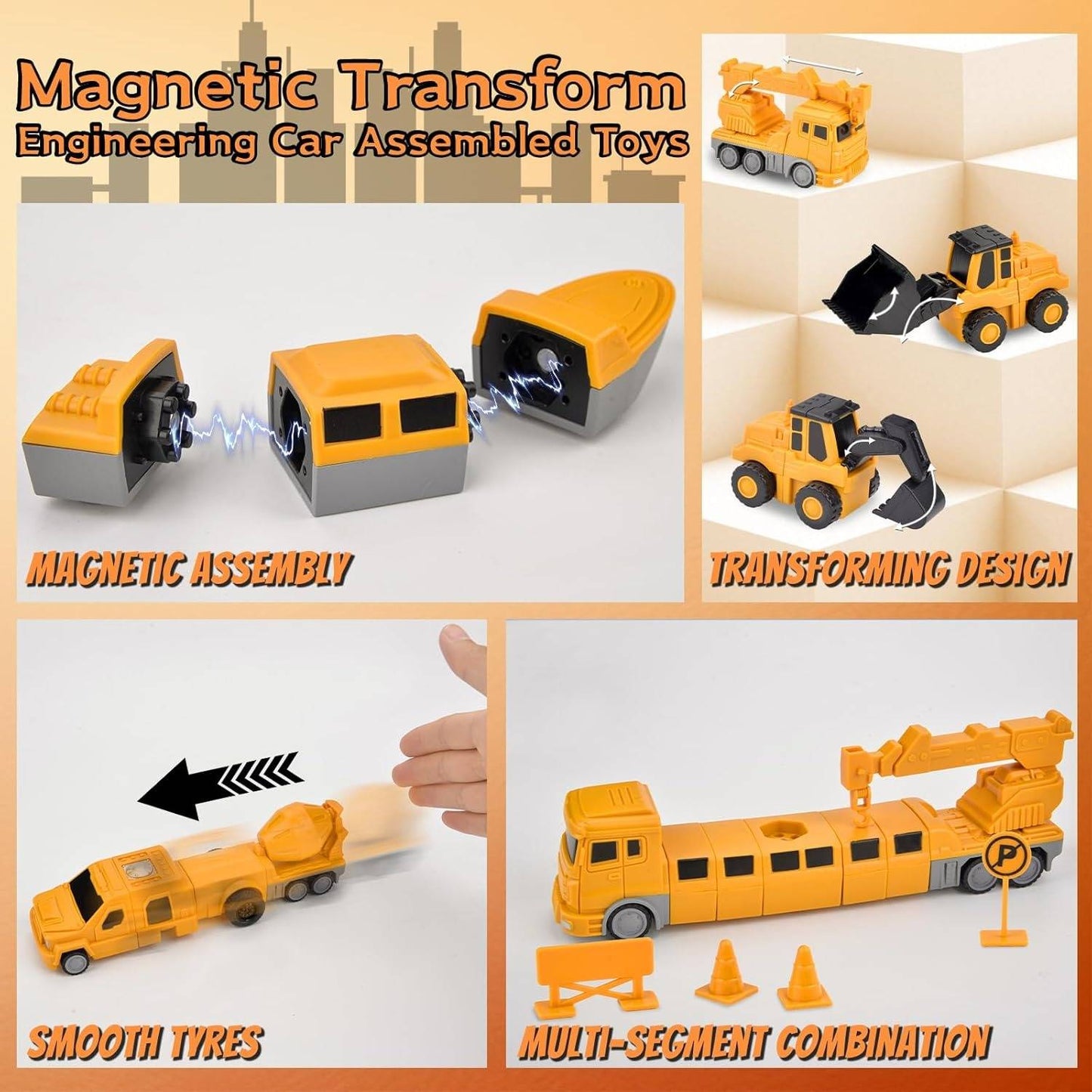 Magnetic Transforming Construction Vehicle Set, Converts into Robot, Detachable Parts, Safe for Ages 3+