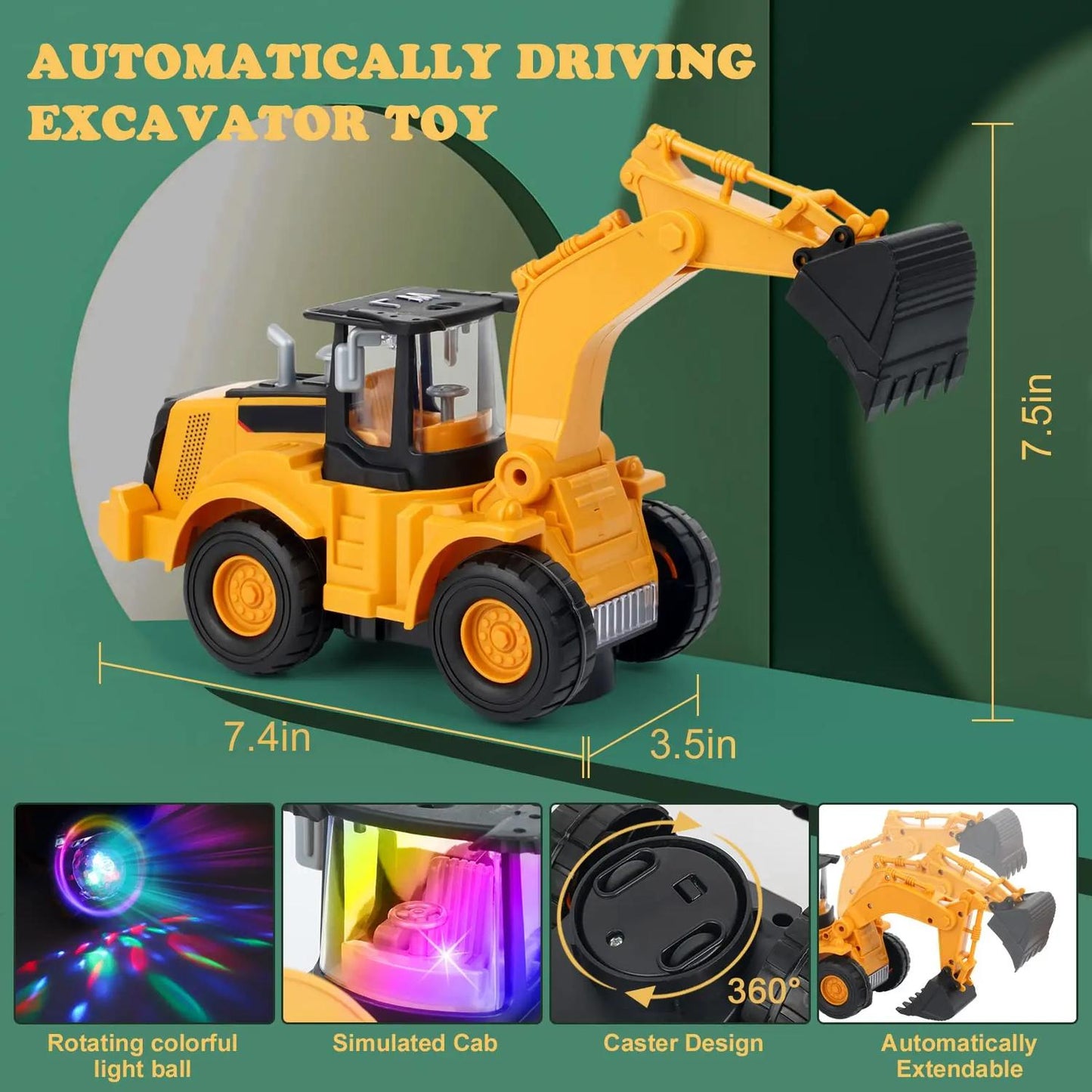 Musical Excavator with Lights & Motion, Automatic Driving, Bump and Go Function, Safe for Ages 2+