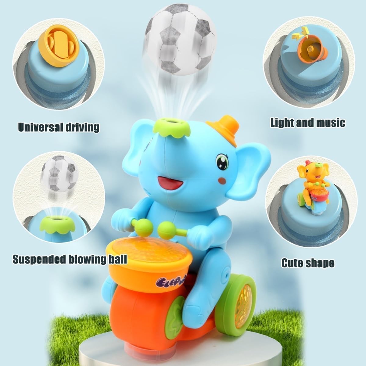 Musical Walking Elephant Drummer Toy with LED Lights and Floating Ball, Safe for Babies 3+ Months