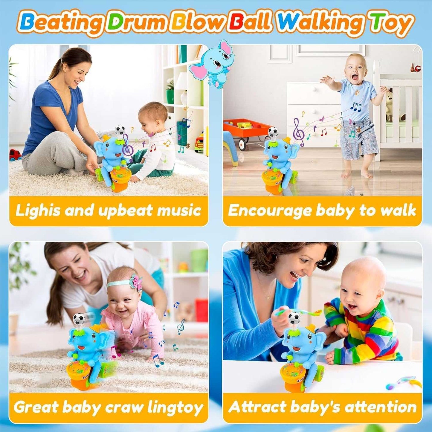 Musical Walking Elephant Drummer Toy with LED Lights and Floating Ball, Safe for Babies 3+ Months