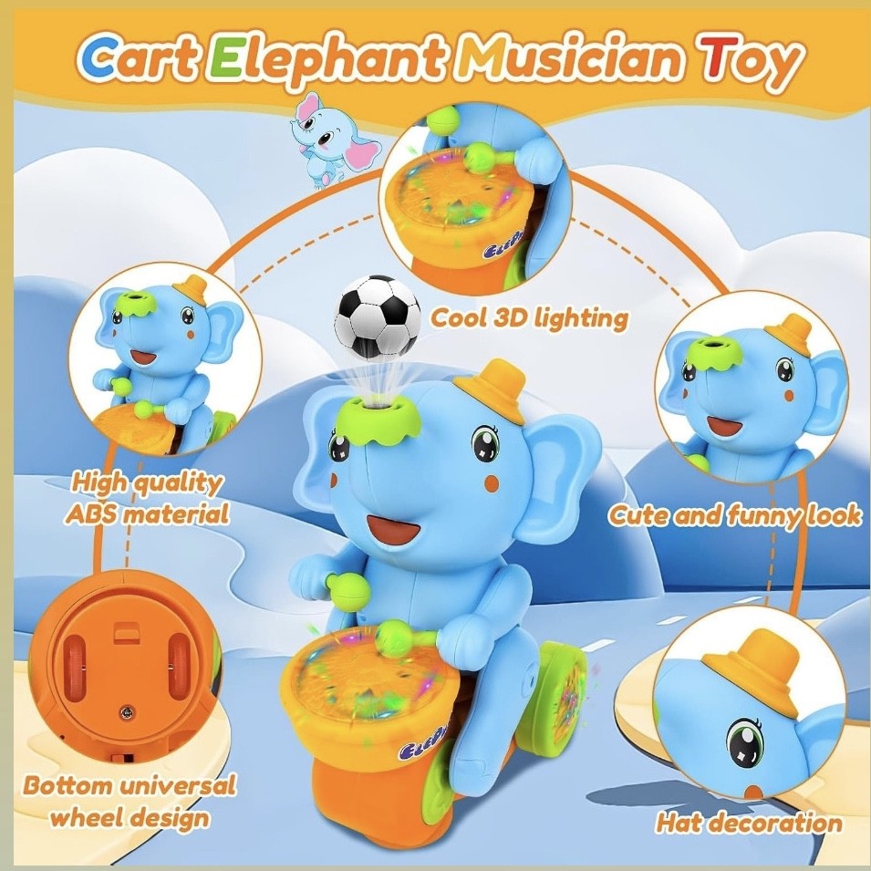 Musical Walking Elephant Drummer Toy with LED Lights and Floating Ball, Safe for Babies 3+ Months
