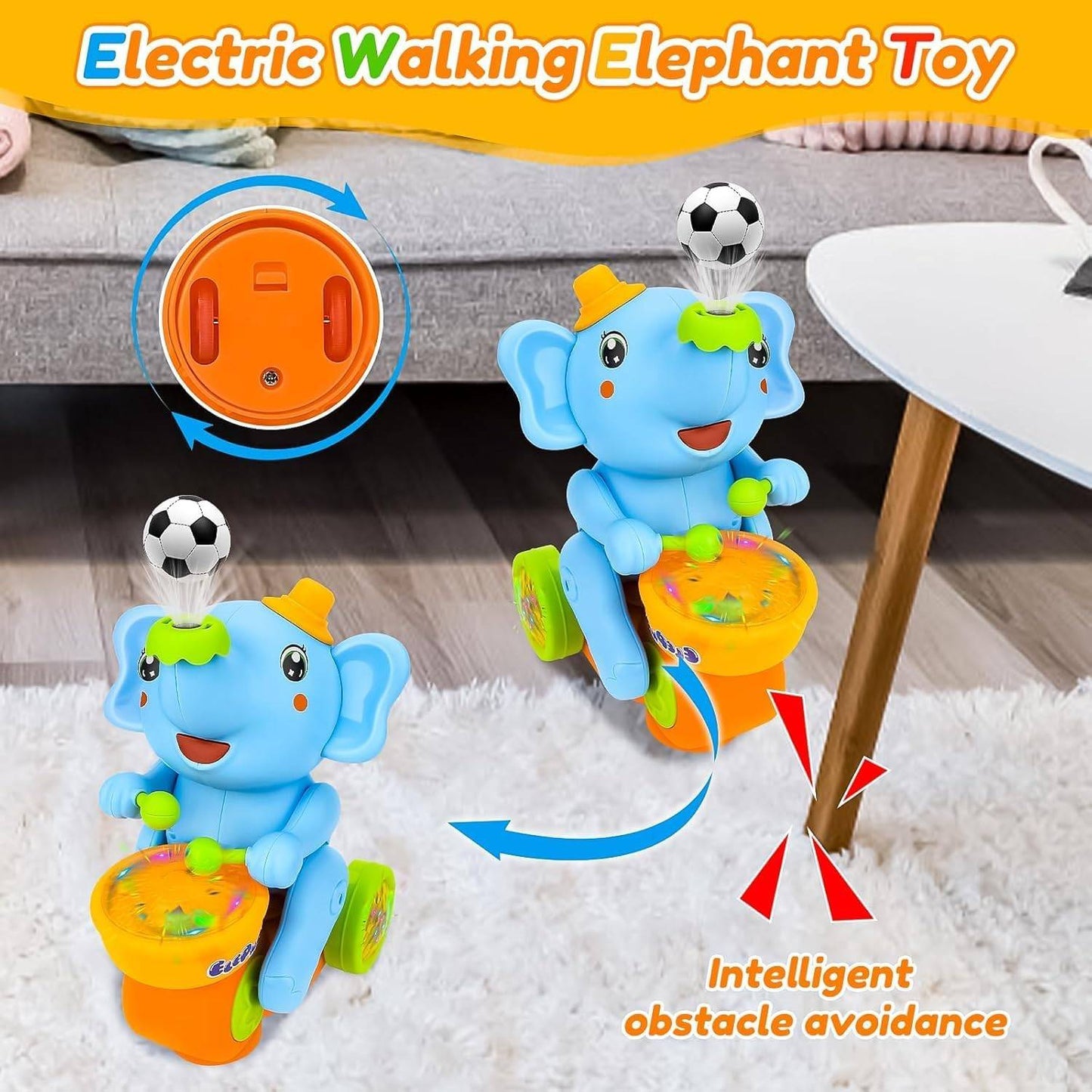 Musical Walking Elephant Drummer Toy with LED Lights and Floating Ball, Safe for Babies 3+ Months
