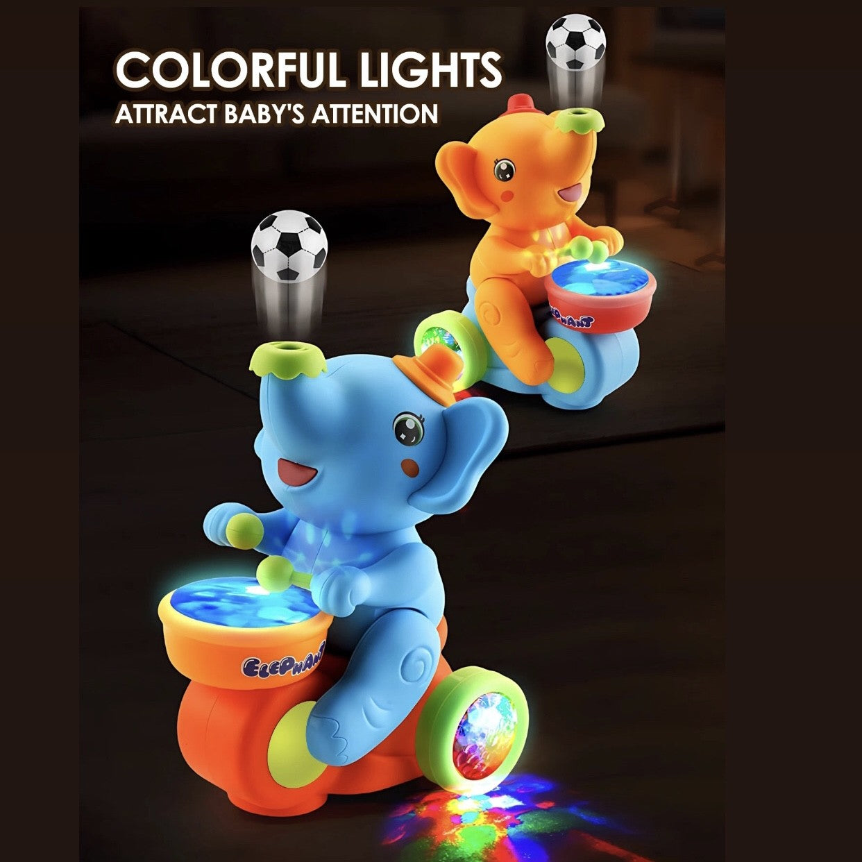 Musical Walking Elephant Drummer Toy with LED Lights and Floating Ball, Safe for Babies 3+ Months
