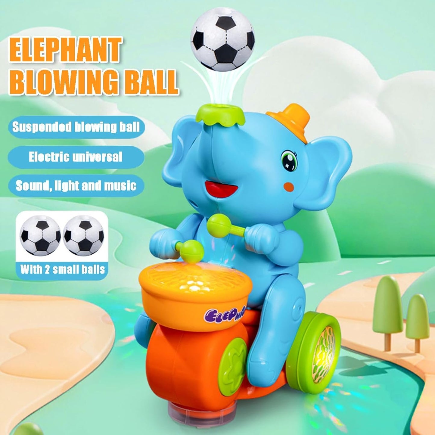 Musical Walking Elephant Drummer Toy with LED Lights and Floating Ball, Safe for Babies 3+ Months