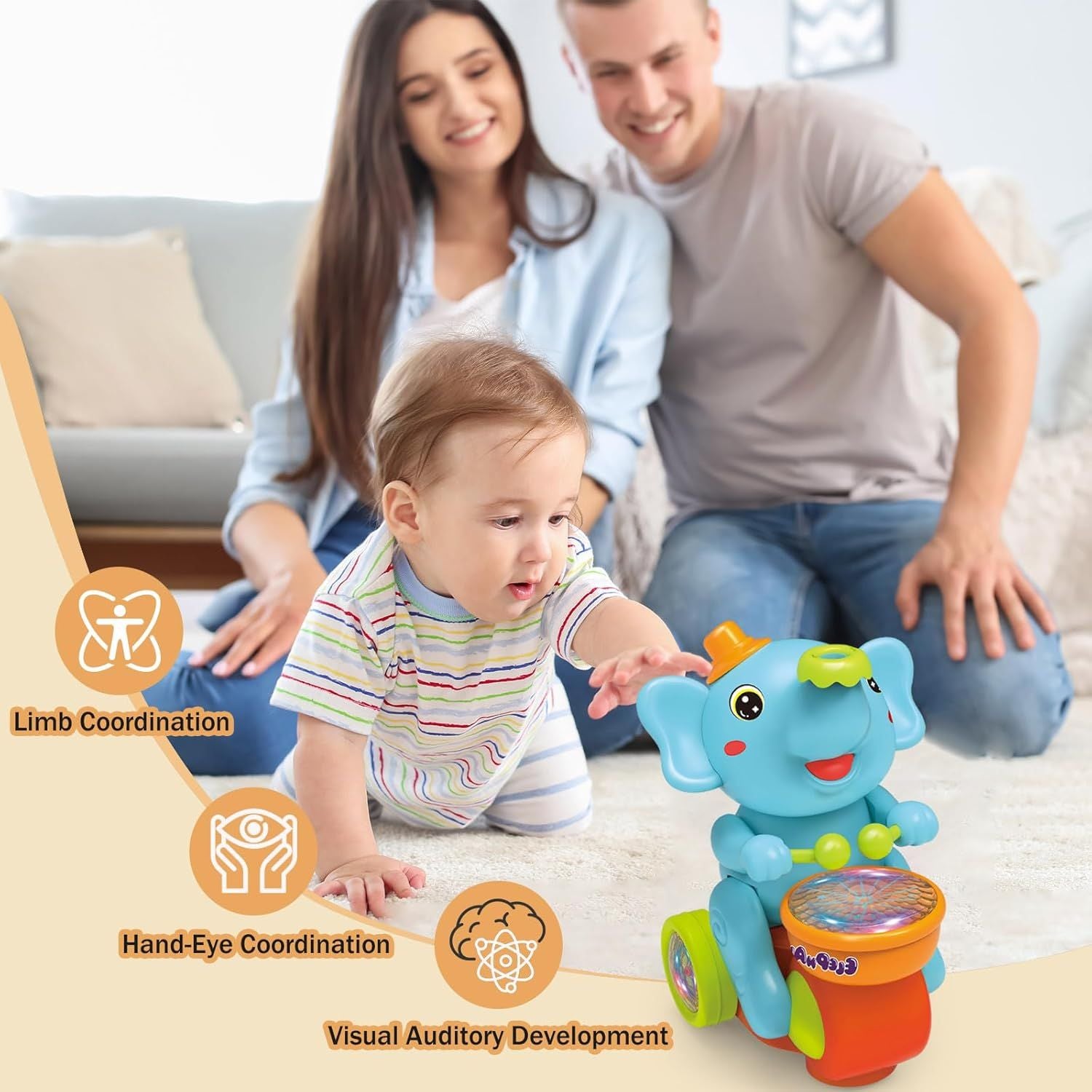 Musical Walking Elephant Drummer Toy with LED Lights and Floating Ball, Safe for Babies 3+ Months