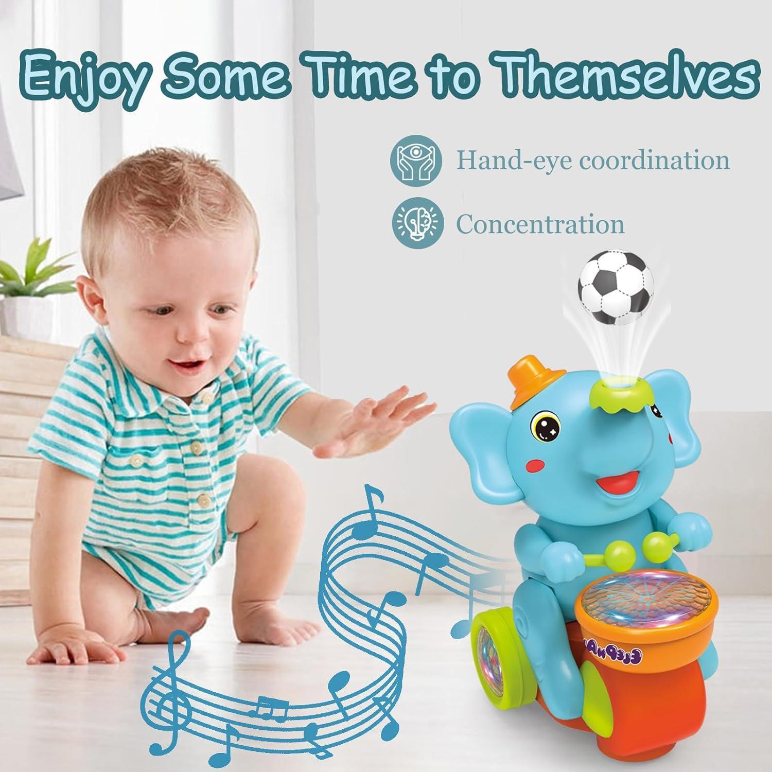 Musical Walking Elephant Drummer Toy with LED Lights and Floating Ball, Safe for Babies 3+ Months
