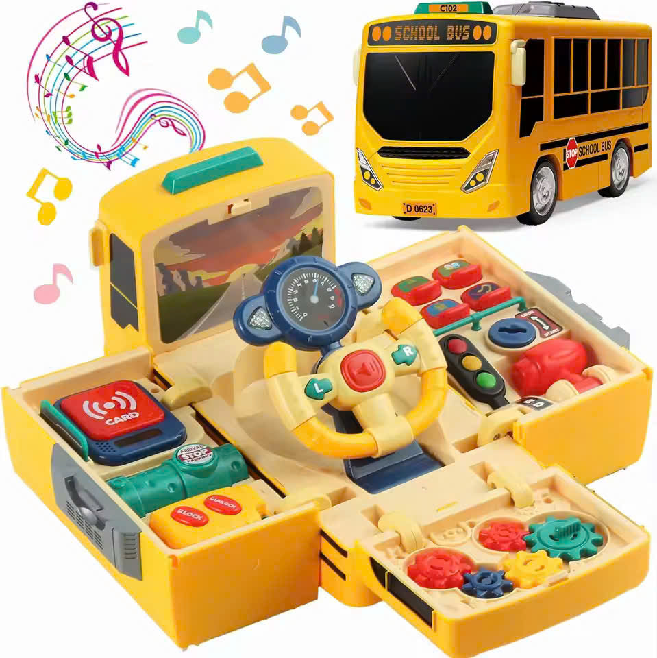 School Bus Driving Simulator Toy with Lights, Sounds and Steering Wheel, Safe for Ages 3+