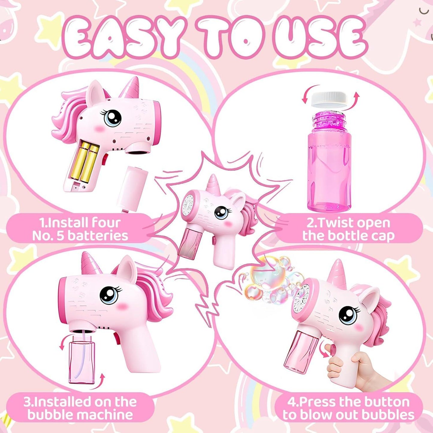 Unicorn Toy Bubble Machine with LED Lights, Compact, Portable, Safe for Ages 3+