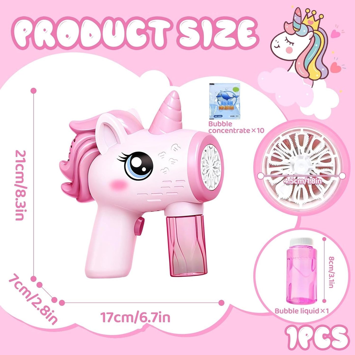 Unicorn Toy Bubble Machine with LED Lights, Compact, Portable, Safe for Ages 3+