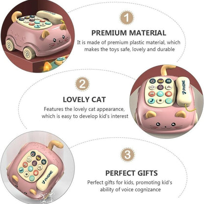 3-in-1 Musical Phone Toy with Mini Piano, Pull-Along Cat Car and Toy Phone, Safe for Ages 1+