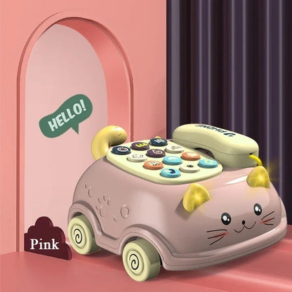 3-in-1 Musical Phone Toy with Mini Piano, Pull-Along Cat Car and Toy Phone, Safe for Ages 1+