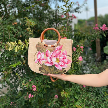 Hand-Painted Woven Straw Tote Bag